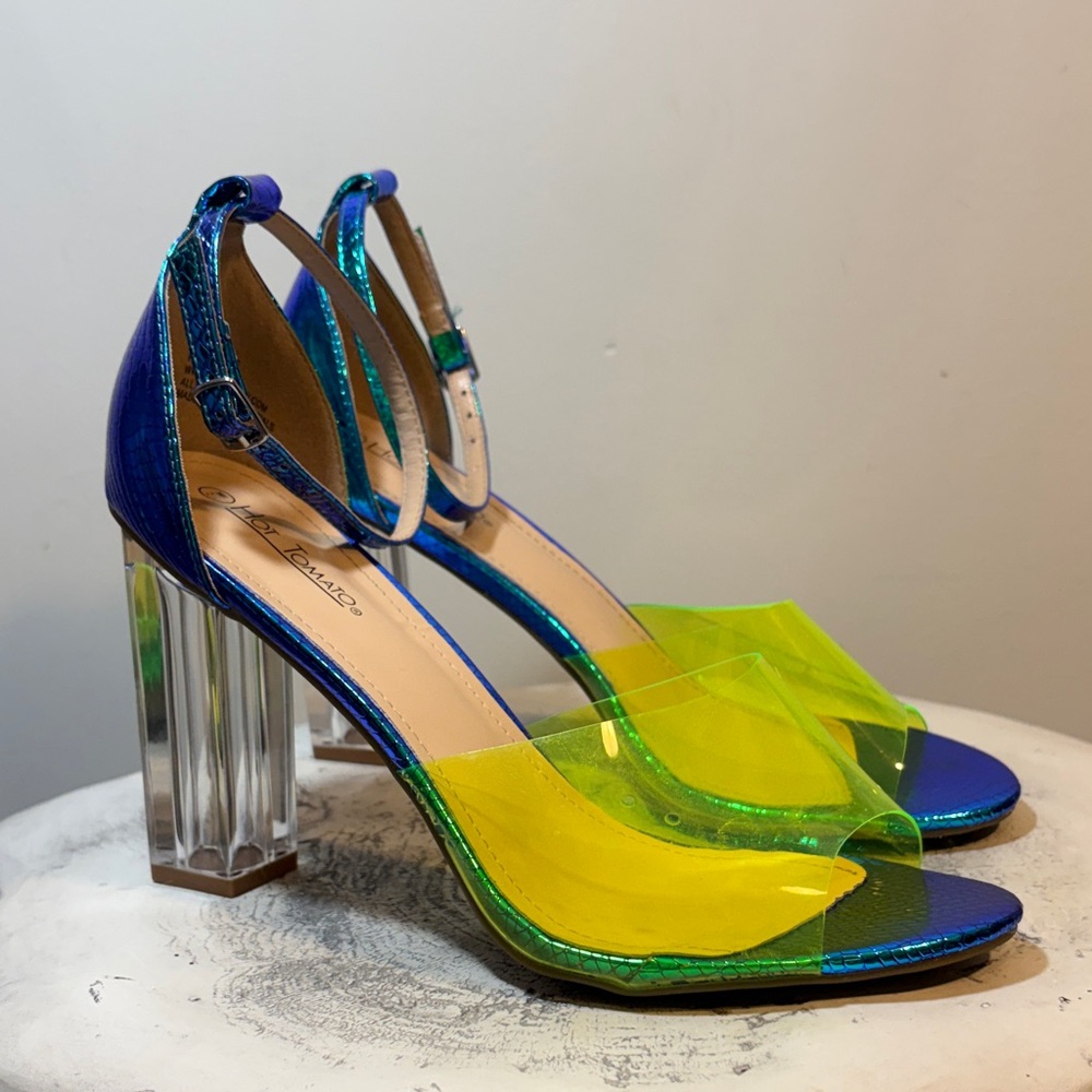 Hot Tomato Metallic Mermaid Oil Slick Snake Skin Neon Clear Transparent Heels